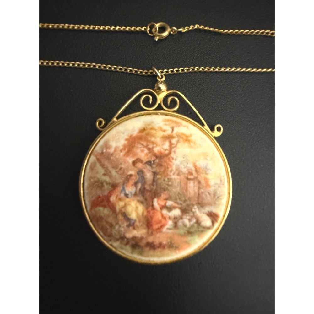 Vintage Necklace Victorian Revival Sugar Gold Tone Pastoral Scene Romantic